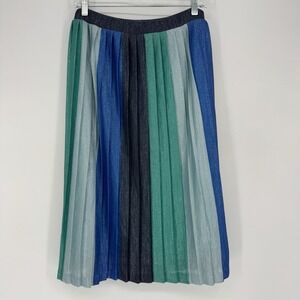 Anthropologie Maeve Metallic Sunburst Pleated Midi Skirt Blue Green Women Size S